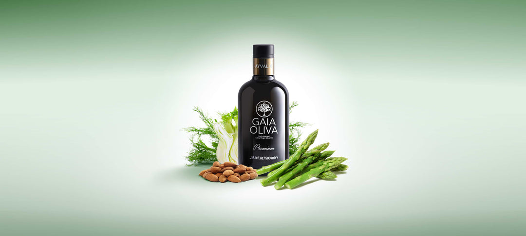 How to Taste Olive Oil Like a Judge with a bottle of GAIA OLIVA and fresh almonds and asparagus.