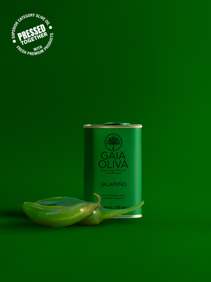 Gaia Oliva tin of Jalapeño Extra Virgin Olive Oil with fresh Jalapeños