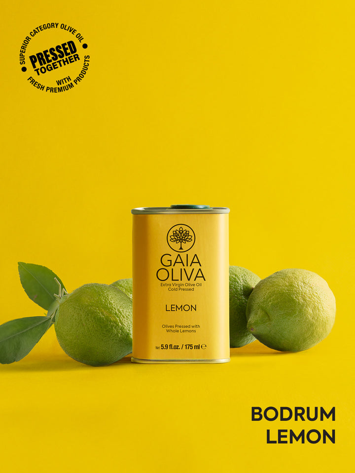 a tin of Lemon Extra Virgin Olive Oil with fresh lemons
