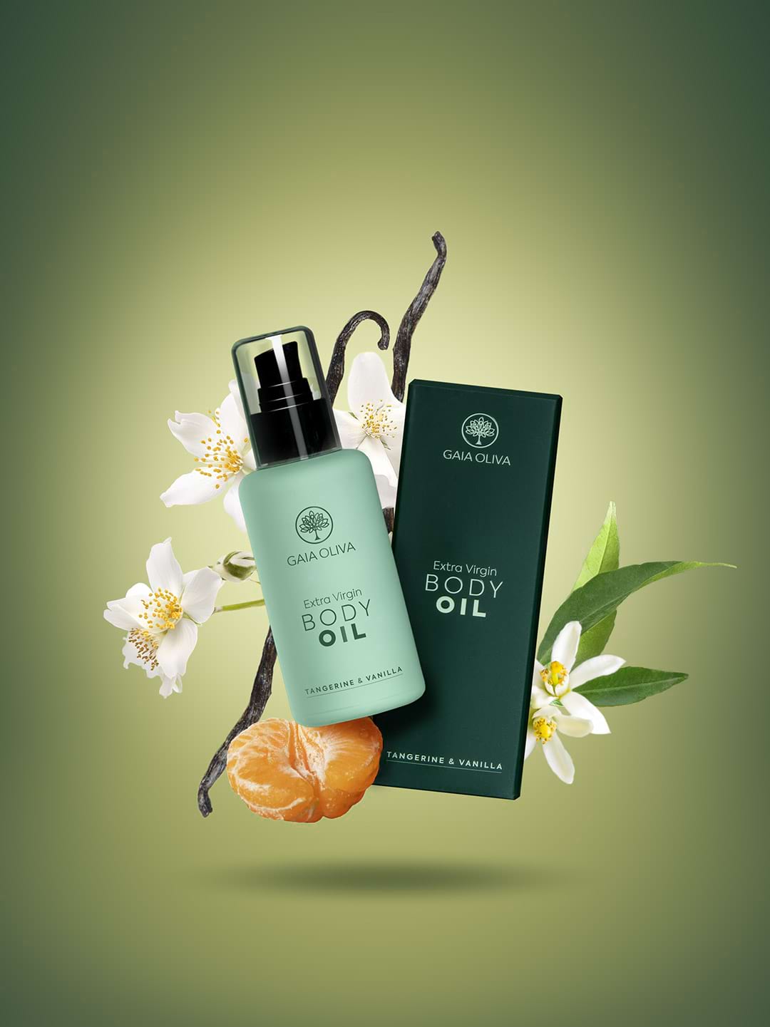 a bottle of Gaia Oliva Extra Virgin Body Oil with fresh tangerine and and vanilla folower.