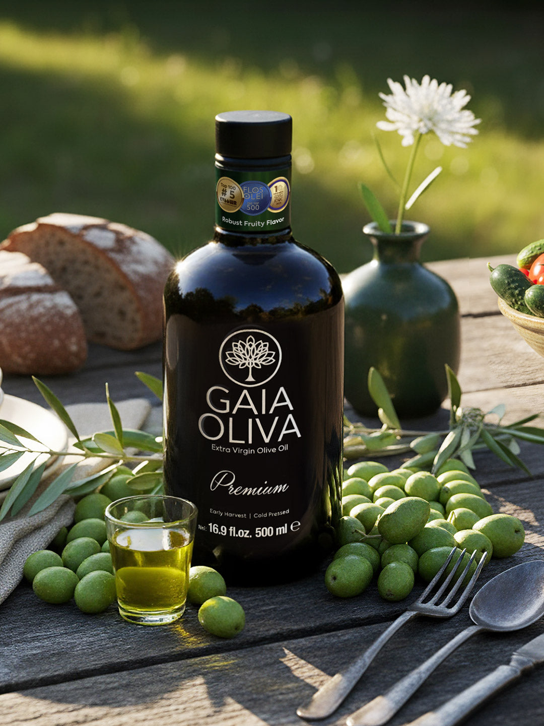 Memecik Early Harvest Extra Virgin Olive Oil bottle on a wooden table with olives, bread, and flowers in the background.