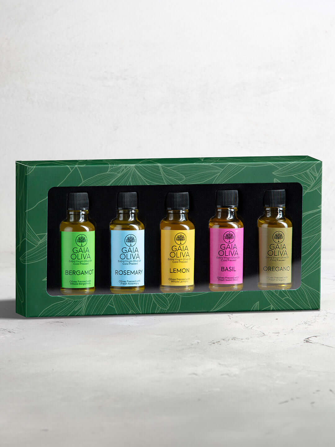 Co-Pressed Flavored Olive Oil Mini Gift Set featuring five infused oils in decorative packaging.