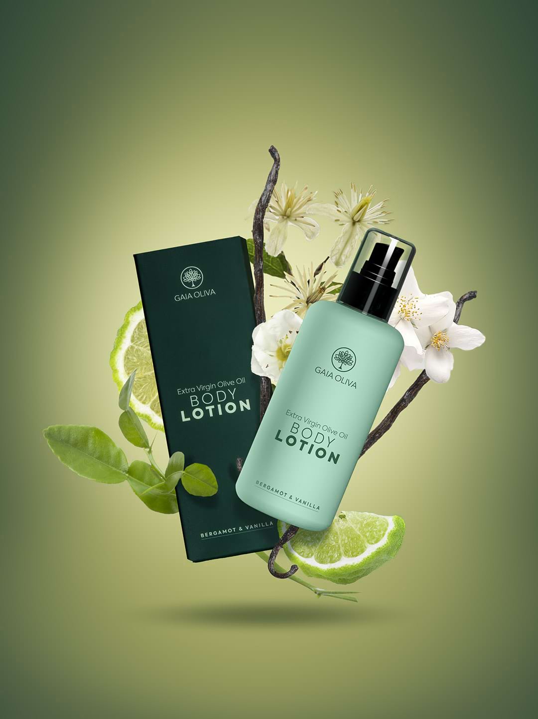 bottle of Gaia Oliva Olive Oil Body lotion with fresh bergamot and vanilla flower.