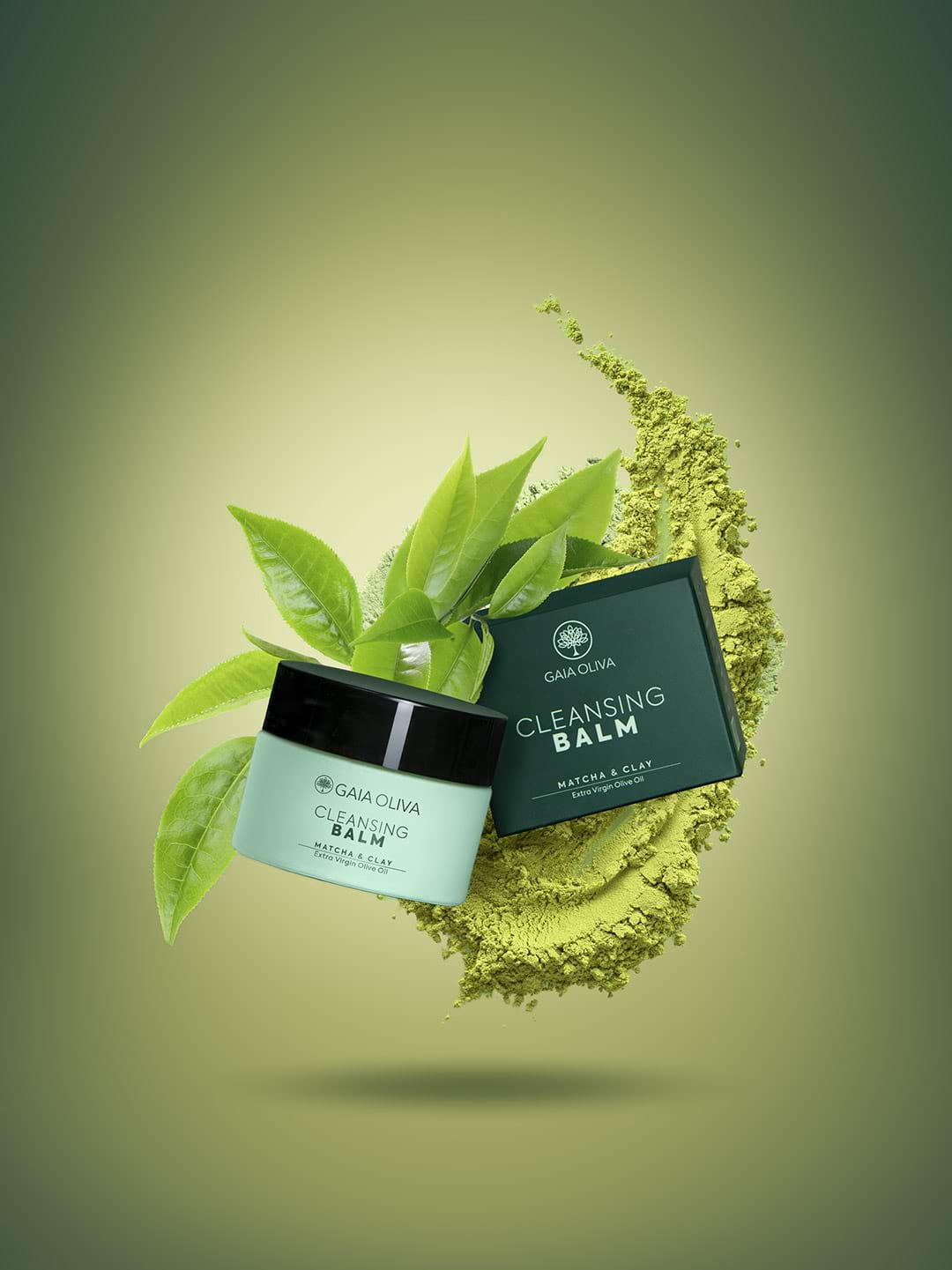 a jar of olive oil cleansing balm with fresh matcha powder and and leafs