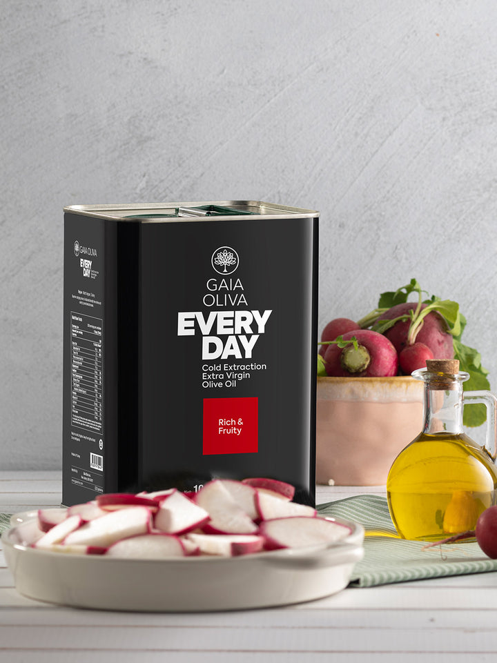 Everyday Extra Virgin Olive Oil 3L tin with bowl of  chopped turnips